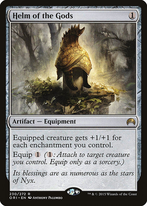 Equipped creature gets +1/+1 for each enchantment you control.
Equip {1} ({1}: Attach to target creature you control. Equip only as a sorcery.)