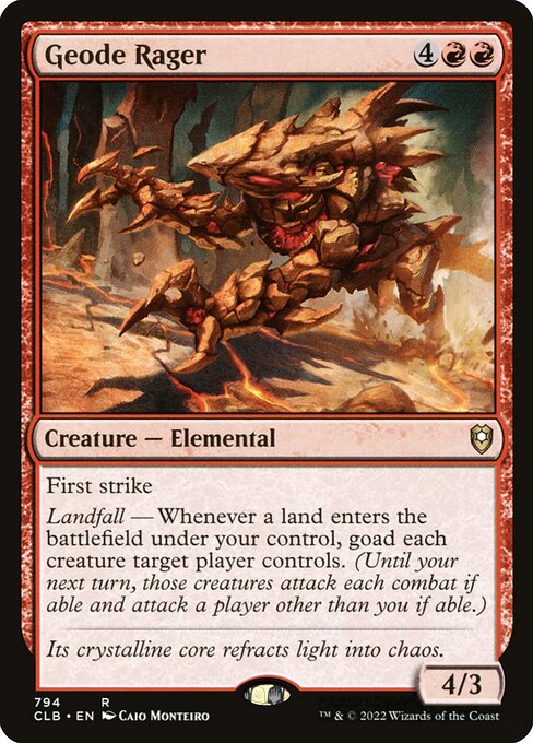First strike
Landfall — Whenever a land enters the battlefield under your control, goad each creature target player controls. (Until your next turn, those creatures attack each combat if able and attack a player other than you if able.)