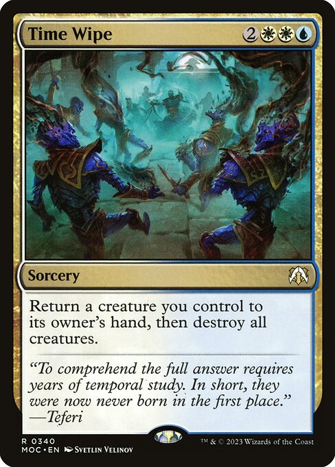 Return a creature you control to its owner's hand, then destroy all creatures.