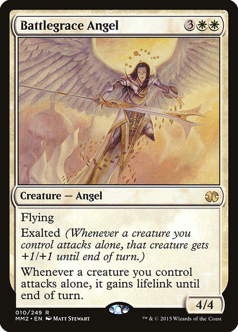 Flying
Exalted (Whenever a creature you control attacks alone, that creature gets +1/+1 until end of turn.)
Whenever a creature you control attacks alone, it gains lifelink until end of turn.