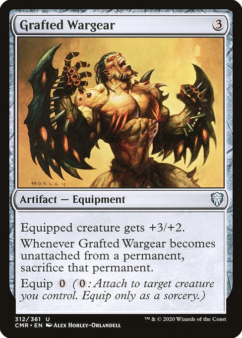 Equipped creature gets +3/+2.
Whenever Grafted Wargear becomes unattached from a permanent, sacrifice that permanent.
Equip {0} ({0}: Attach to target creature you control. Equip only as a sorcery.)