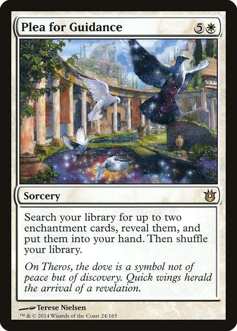 Search your library for up to two enchantment cards, reveal them, put them into your hand, then shuffle.