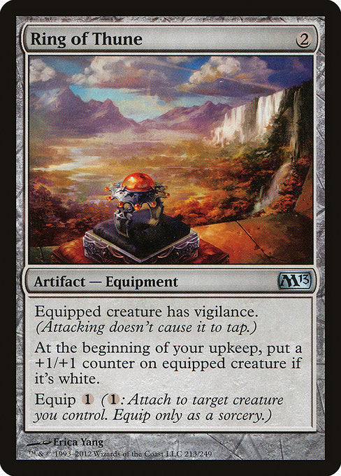 Equipped creature has vigilance. (Attacking doesn't cause it to tap.)
At the beginning of your upkeep, put a +1/+1 counter on equipped creature if it's white.
Equip {1} ({1}: Attach to target creature you control. Equip only as a sorcery.)