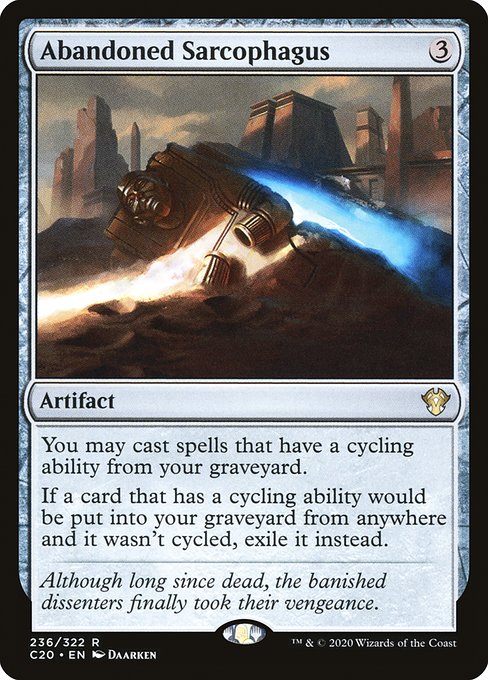 You may cast spells that have a cycling ability from your graveyard.
If a card that has a cycling ability would be put into your graveyard from anywhere and it wasn't cycled, exile it instead.