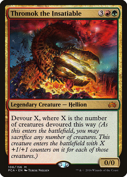 Devour X, where X is the number of creatures devoured this way (As this enters the battlefield, you may sacrifice any number of creatures. This creature enters the battlefield with X +1/+1 counters on it for each of those creatures.)