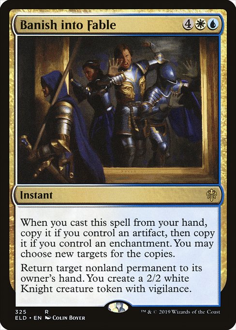 When you cast this spell from your hand, copy it if you control an artifact, then copy it if you control an enchantment. You may choose new targets for the copies.
Return target nonland permanent to its owner's hand. You create a 2/2 white Knight creature token with vigilance.