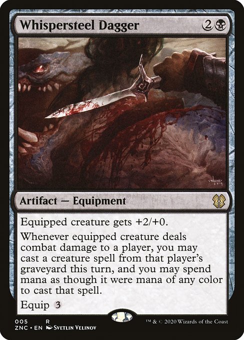 Equipped creature gets +2/+0.
Whenever equipped creature deals combat damage to a player, you may cast a creature spell from that player's graveyard this turn, and you may spend mana as though it were mana of any color to cast that spell.
Equip {3}