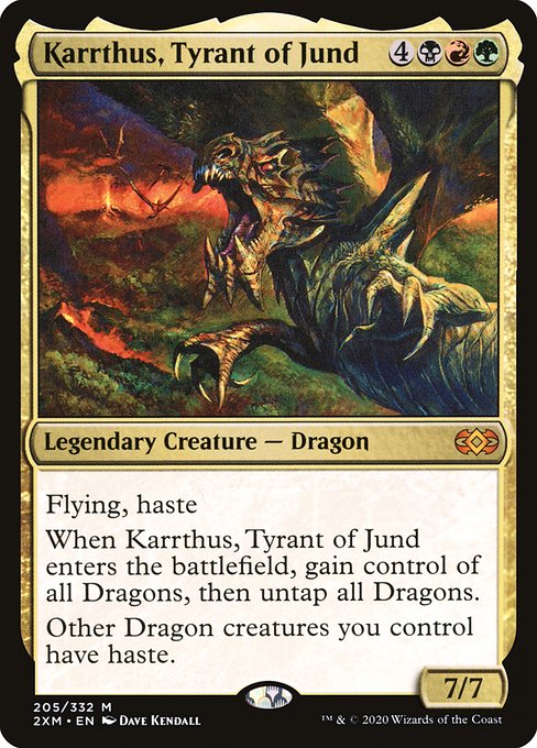 Flying, haste
When Karrthus, Tyrant of Jund enters the battlefield, gain control of all Dragons, then untap all Dragons.
Other Dragon creatures you control have haste.