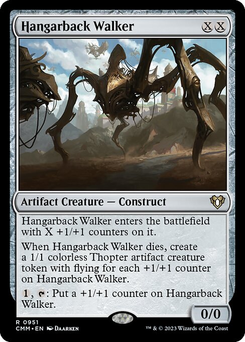 Hangarback Walker enters the battlefield with X +1/+1 counters on it.
When Hangarback Walker dies, create a 1/1 colorless Thopter artifact creature token with flying for each +1/+1 counter on Hangarback Walker.
{1}, {T}: Put a +1/+1 counter on Hangarback Walker.