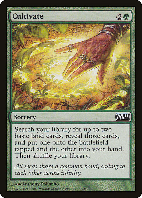 Search your library for up to two basic land cards, reveal those cards, put one onto the battlefield tapped and the other into your hand, then shuffle.