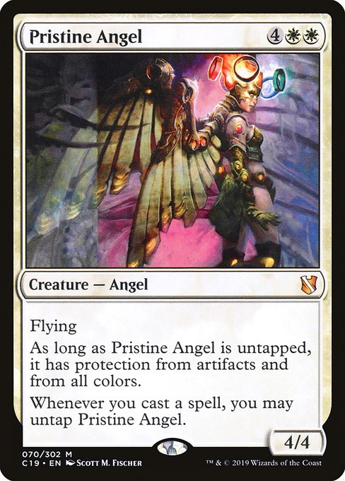 Flying
As long as Pristine Angel is untapped, it has protection from artifacts and from all colors.
Whenever you cast a spell, you may untap Pristine Angel.