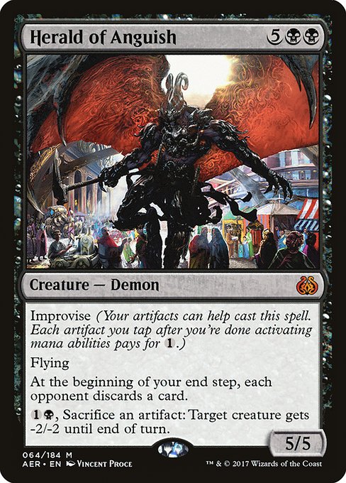 Improvise (Your artifacts can help cast this spell. Each artifact you tap after you're done activating mana abilities pays for {1}.)
Flying
At the beginning of your end step, each opponent discards a card.
{1}{B}, Sacrifice an artifact: Target creature gets -2/-2 until end of turn.