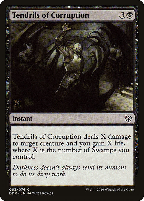 Tendrils of Corruption deals X damage to target creature and you gain X life, where X is the number of Swamps you control.