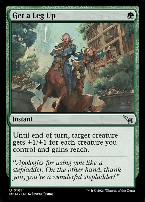 Until end of turn, target creature gets +1/+1 for each creature you control and gains reach.