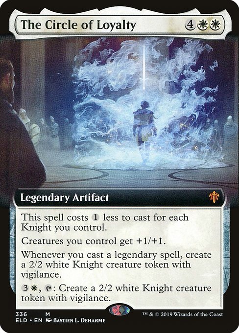 This spell costs {1} less to cast for each Knight you control.
Creatures you control get +1/+1.
Whenever you cast a legendary spell, create a 2/2 white Knight creature token with vigilance.
{3}{W}, {T}: Create a 2/2 white Knight creature token with vigilance.