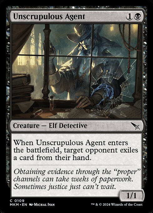 When Unscrupulous Agent enters the battlefield, target opponent exiles a card from their hand.