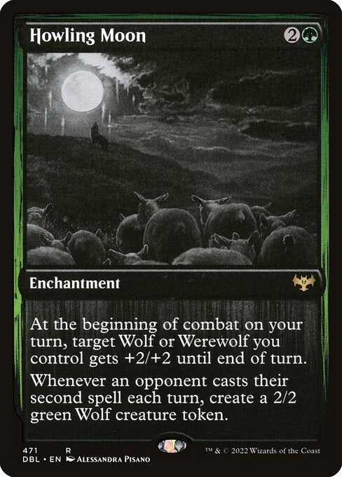 At the beginning of combat on your turn, target Wolf or Werewolf you control gets +2/+2 until end of turn.
Whenever an opponent casts their second spell each turn, create a 2/2 green Wolf creature token.