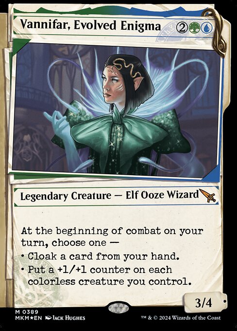 At the beginning of combat on your turn, choose one —
• Cloak a card from your hand. (Put it onto the battlefield face down as a 2/2 creature with ward {2}. Turn it face up any time for its mana cost if it's a creature card.)
• Put a +1/+1 counter on each colorless creature you control.