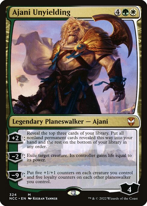 '+2: Reveal the top three cards of your library. Put all nonland permanent cards revealed this way into your hand and the rest on the bottom of your library in any order.
−2: Exile target creature. Its controller gains life equal to its power.
−9: Put five +1/+1 counters on each creature you control and five loyalty counters on each other planeswalker you control.