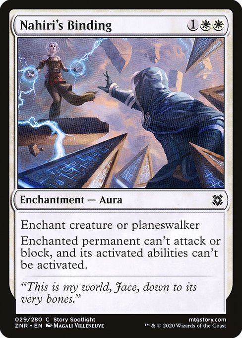 Enchant creature or planeswalker
Enchanted permanent can't attack or block, and its activated abilities can't be activated.