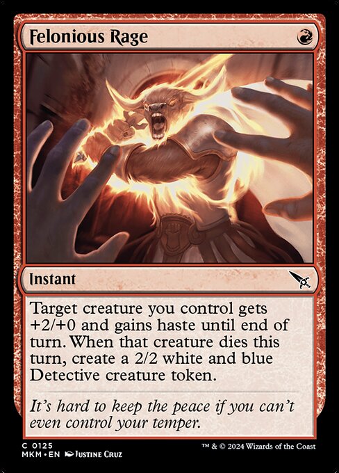 Target creature you control gets +2/+0 and gains haste until end of turn. When that creature dies this turn, create a 2/2 white and blue Detective creature token.