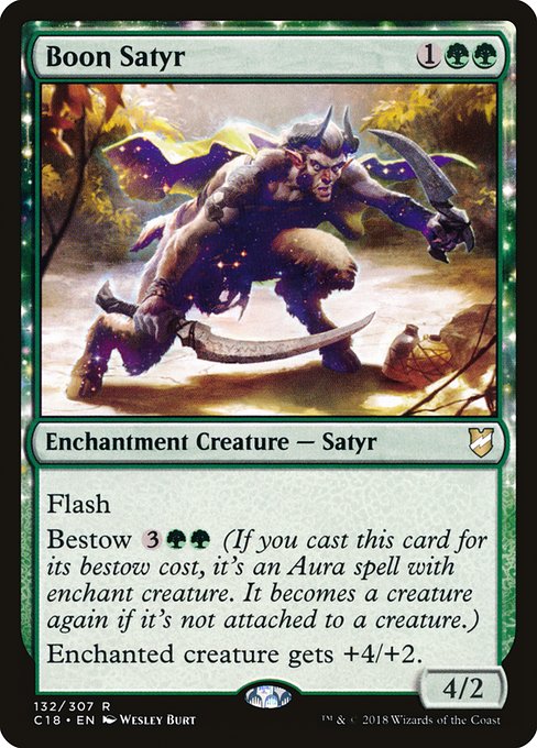 Flash
Bestow {3}{G}{G} (If you cast this card for its bestow cost, it's an Aura spell with enchant creature. It becomes a creature again if it's not attached to a creature.)
Enchanted creature gets +4/+2.