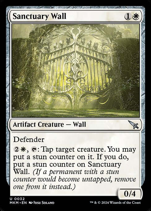 Defender
{2}{W}, {T}: Tap target creature. You may put a stun counter on it. If you do, put a stun counter on Sanctuary Wall. (If a permanent with a stun counter would become untapped, remove one from it instead.)