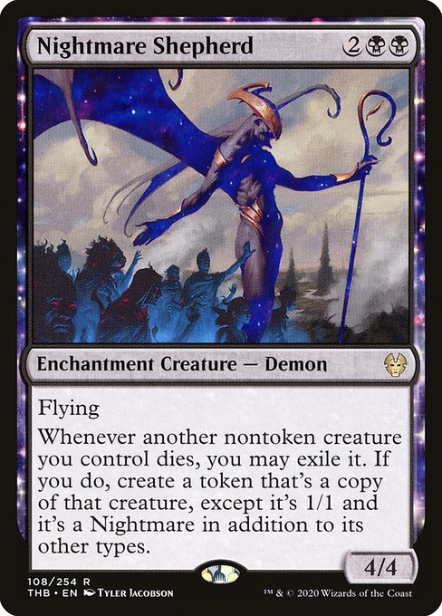 Flying
Whenever another nontoken creature you control dies, you may exile it. If you do, create a token that's a copy of that creature, except it's 1/1 and it's a Nightmare in addition to its other types.