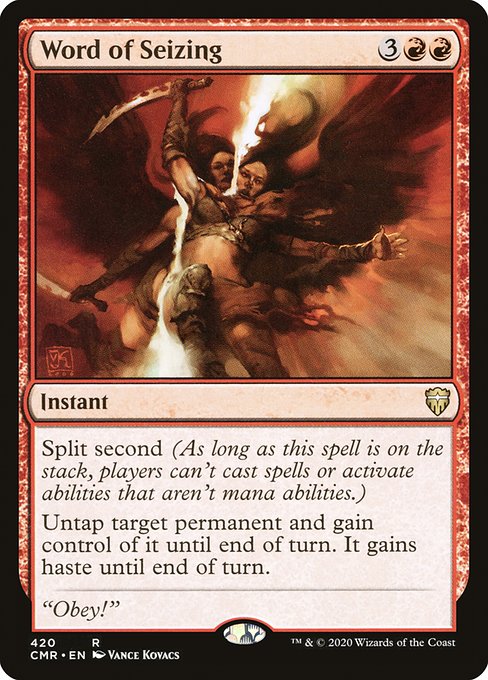 Split second (As long as this spell is on the stack, players can't cast spells or activate abilities that aren't mana abilities.)
Untap target permanent and gain control of it until end of turn. It gains haste until end of turn.