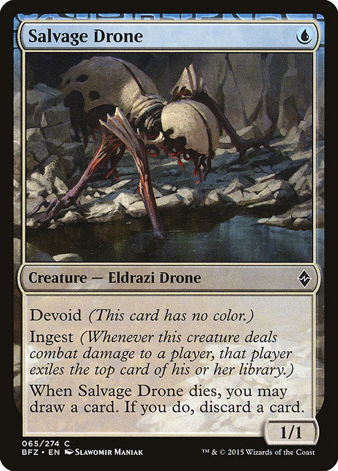 Devoid (This card has no color.)
Ingest (Whenever this creature deals combat damage to a player, that player exiles the top card of their library.)
When Salvage Drone dies, you may draw a card. If you do, discard a card.
