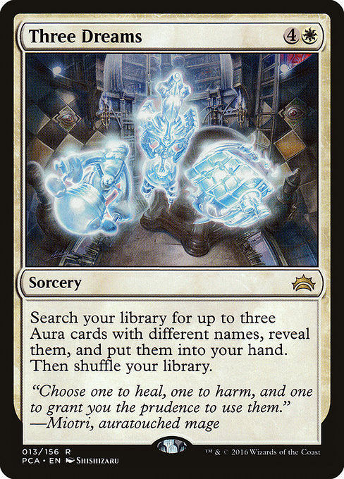 Search your library for up to three Aura cards with different names, reveal them, put them into your hand, then shuffle.