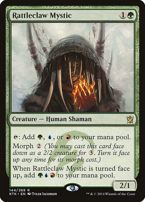 {T}: Add {G}, {U}, or {R}.
Morph {2} (You may cast this card face down as a 2/2 creature for {3}. Turn it face up any time for its morph cost.)
When Rattleclaw Mystic is turned face up, add {G}{U}{R}.