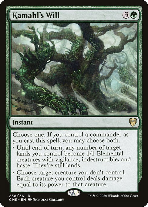 Choose one. If you control a commander as you cast this spell, you may choose both.
• Until end of turn, any number of target lands you control become 1/1 Elemental creatures with vigilance, indestructible, and haste. They're still lands.
• Choose target creature you don't control. Each creature you control deals damage equal to its power to that creature.