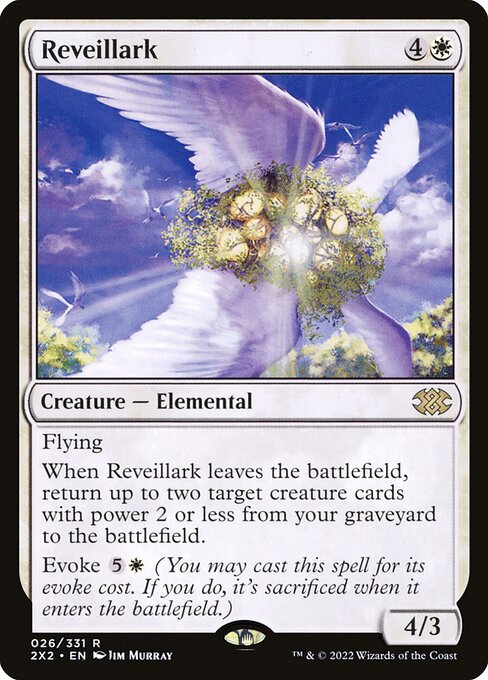 Flying
When Reveillark leaves the battlefield, return up to two target creature cards with power 2 or less from your graveyard to the battlefield.
Evoke {5}{W} (You may cast this spell for its evoke cost. If you do, it's sacrificed when it enters the battlefield.)