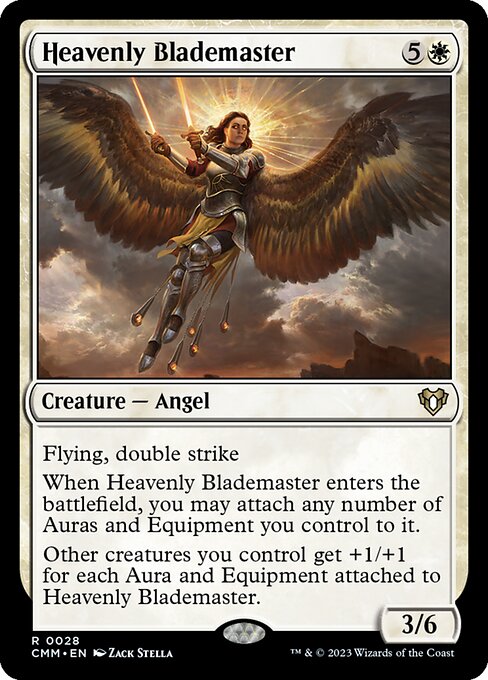 Flying, double strike
When Heavenly Blademaster enters the battlefield, you may attach any number of Auras and Equipment you control to it.
Other creatures you control get +1/+1 for each Aura and Equipment attached to Heavenly Blademaster.