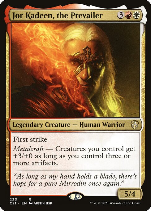 First strike
Metalcraft — Creatures you control get +3/+0 as long as you control three or more artifacts.