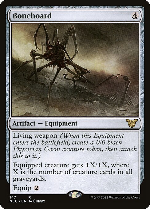 Living weapon (When this Equipment enters the battlefield, create a 0/0 black Phyrexian Germ creature token, then attach this to it.)
Equipped creature gets +X/+X, where X is the number of creature cards in all graveyards.
Equip {2}