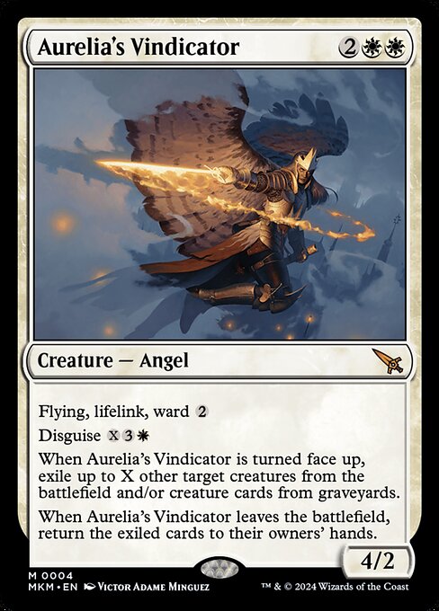 Flying, lifelink, ward {2}
Disguise {X}{3}{W}
When Aurelia's Vindicator is turned face up, exile up to X other target creatures from the battlefield and/or creature cards from graveyards.
When Aurelia's Vindicator leaves the battlefield, return the exiled cards to their owners' hands.