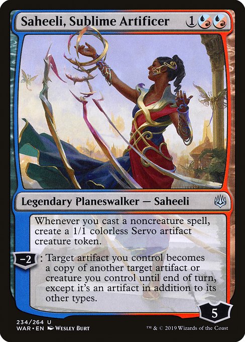 Whenever you cast a noncreature spell, create a 1/1 colorless Servo artifact creature token.
−2: Target artifact you control becomes a copy of another target artifact or creature you control until end of turn, except it's an artifact in addition to its other types.