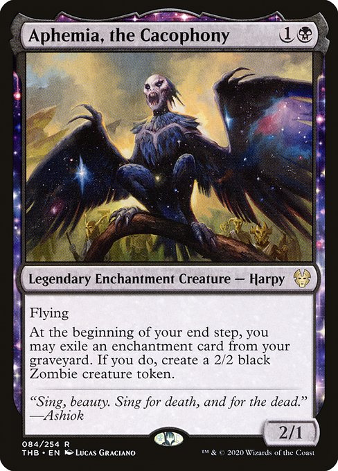 Flying
At the beginning of your end step, you may exile an enchantment card from your graveyard. If you do, create a 2/2 black Zombie creature token.