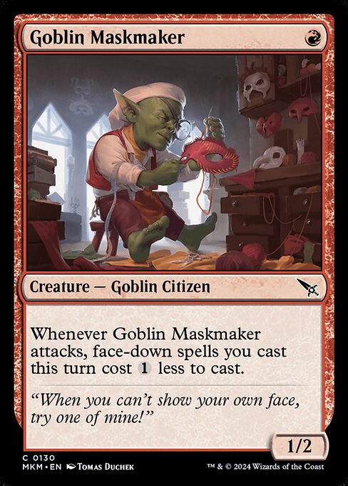 Whenever Goblin Maskmaker attacks, face-down spells you cast this turn cost {1} less to cast.