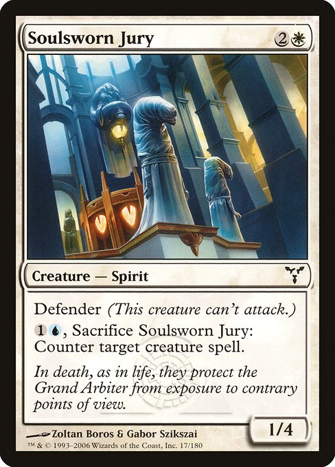 Defender (This creature can't attack.)
{1}{U}, Sacrifice Soulsworn Jury: Counter target creature spell.