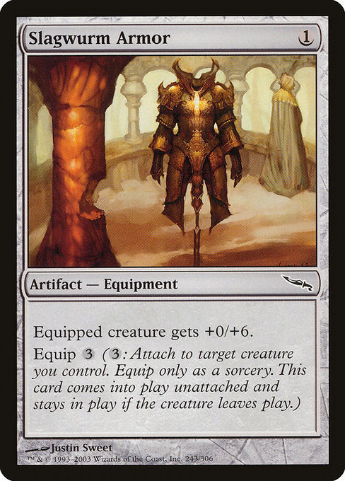 Equipped creature gets +0/+6.
Equip {3} ({3}: Attach to target creature you control. Equip only as a sorcery. This card enters the battlefield unattached and stays on the battlefield if the creature leaves.)