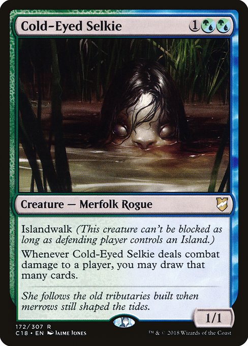 Islandwalk (This creature can't be blocked as long as defending player controls an Island.)
Whenever Cold-Eyed Selkie deals combat damage to a player, you may draw that many cards.