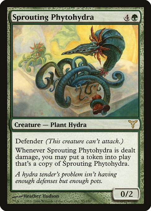 Defender (This creature can't attack.)
Whenever Sprouting Phytohydra is dealt damage, you may create a token that's a copy of Sprouting Phytohydra.