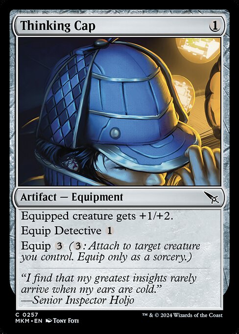 Equipped creature gets +1/+2.
Equip Detective {1}
Equip {3} ({3}: Attach to target creature you control. Equip only as a sorcery.)