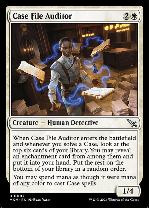 When Case File Auditor enters the battlefield and whenever you solve a Case, look at the top six cards of your library. You may reveal an enchantment card from among them and put it into your hand. Put the rest on the bottom of your library in a random order.
You may spend mana as though it were mana of any color to cast Case spells.