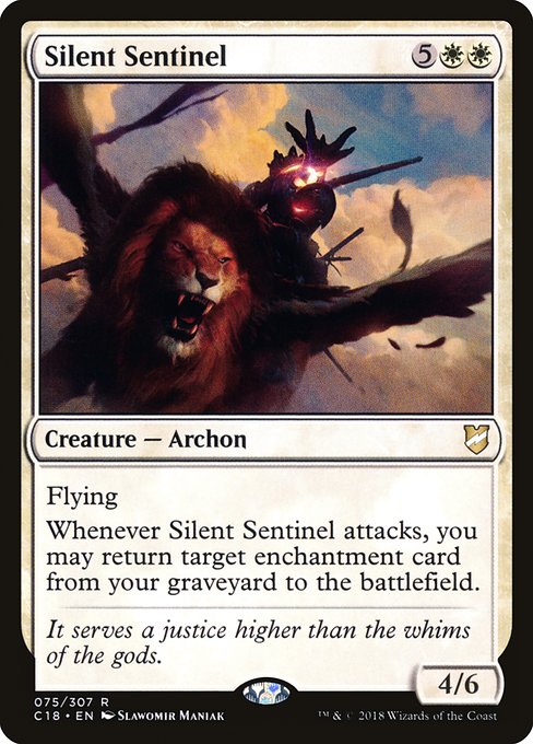 Flying
Whenever Silent Sentinel attacks, you may return target enchantment card from your graveyard to the battlefield.