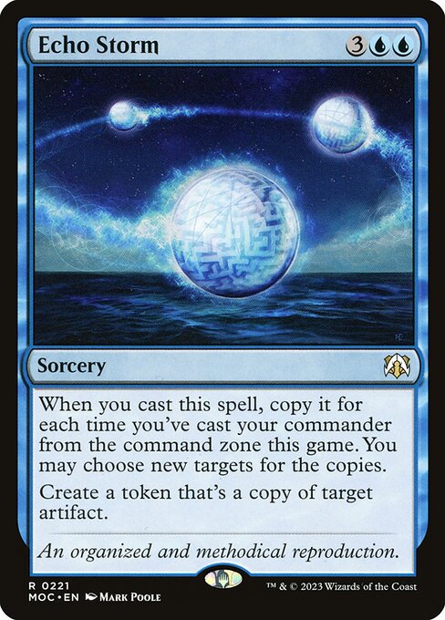 When you cast this spell, copy it for each time you've cast your commander from the command zone this game. You may choose new targets for the copies.
Create a token that's a copy of target artifact.