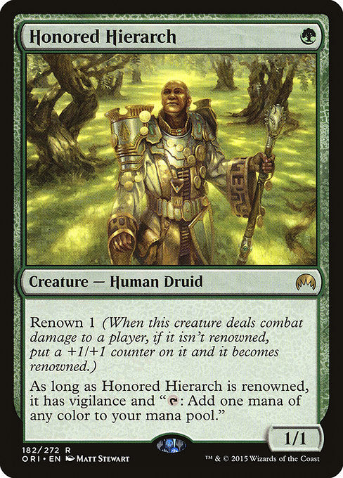 Renown 1 (When this creature deals combat damage to a player, if it isn't renowned, put a +1/+1 counter on it and it becomes renowned.)
As long as Honored Hierarch is renowned, it has vigilance and "{T}: Add one mana of any color."